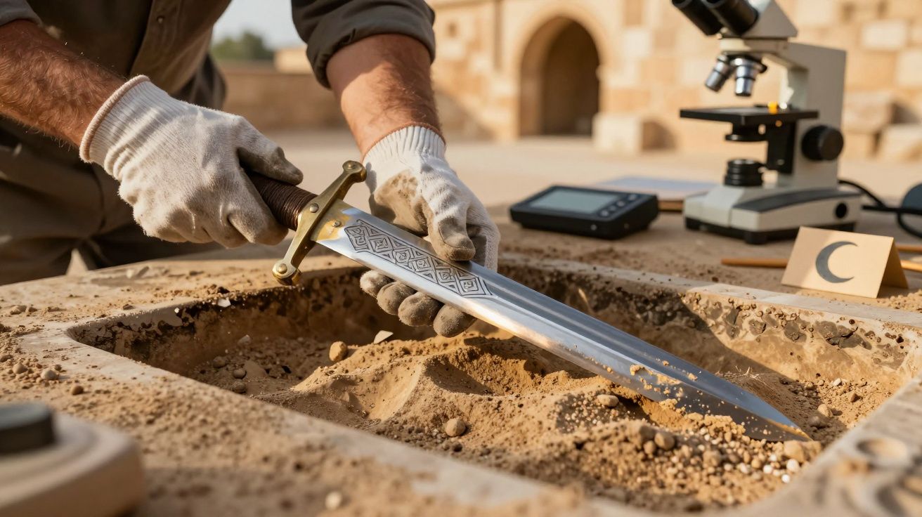Pessoa desenterra espada antiga em escavação histórica com microscópio e equipamentos ao fundo.