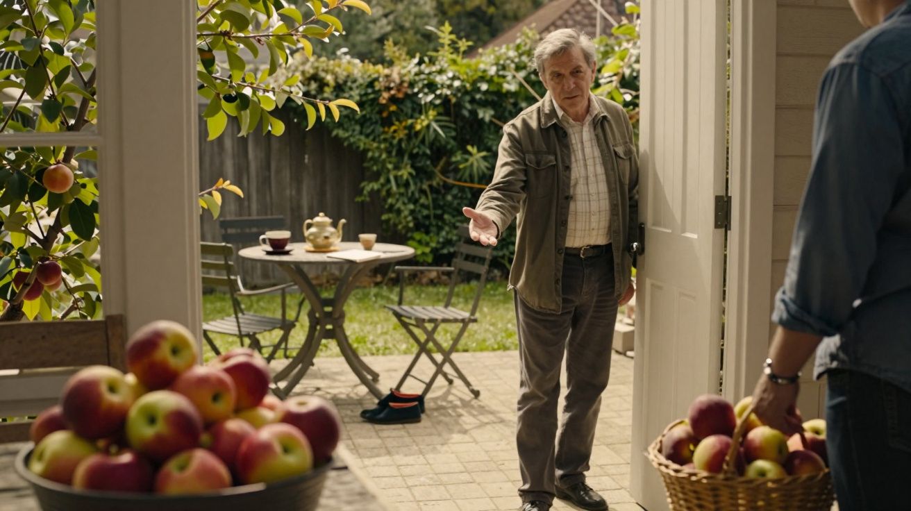 Homem idoso gesticula na entrada de uma casa, com cesto de maçãs ao lado; jardim e mesa ao fundo.