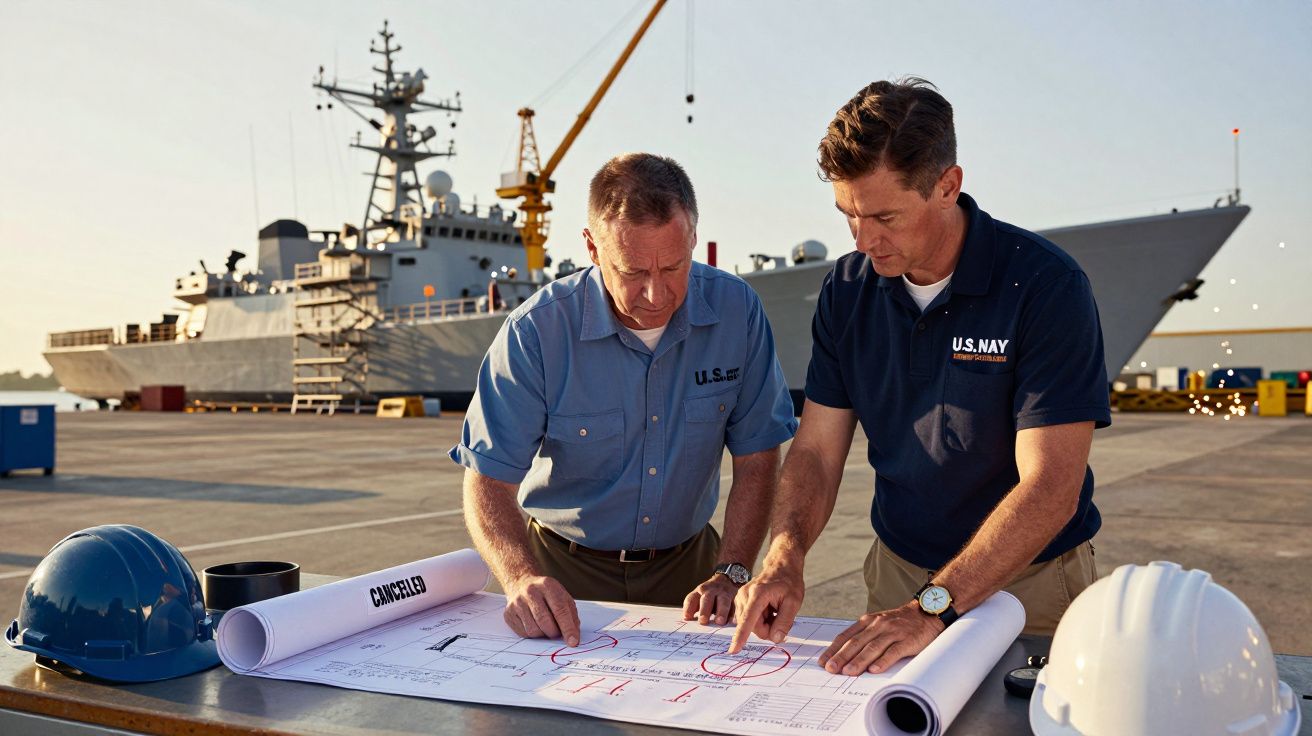 Dois homens analisam plantas num cais com um navio militar ao fundo, usando capacetes e uniformes de trabalho.
