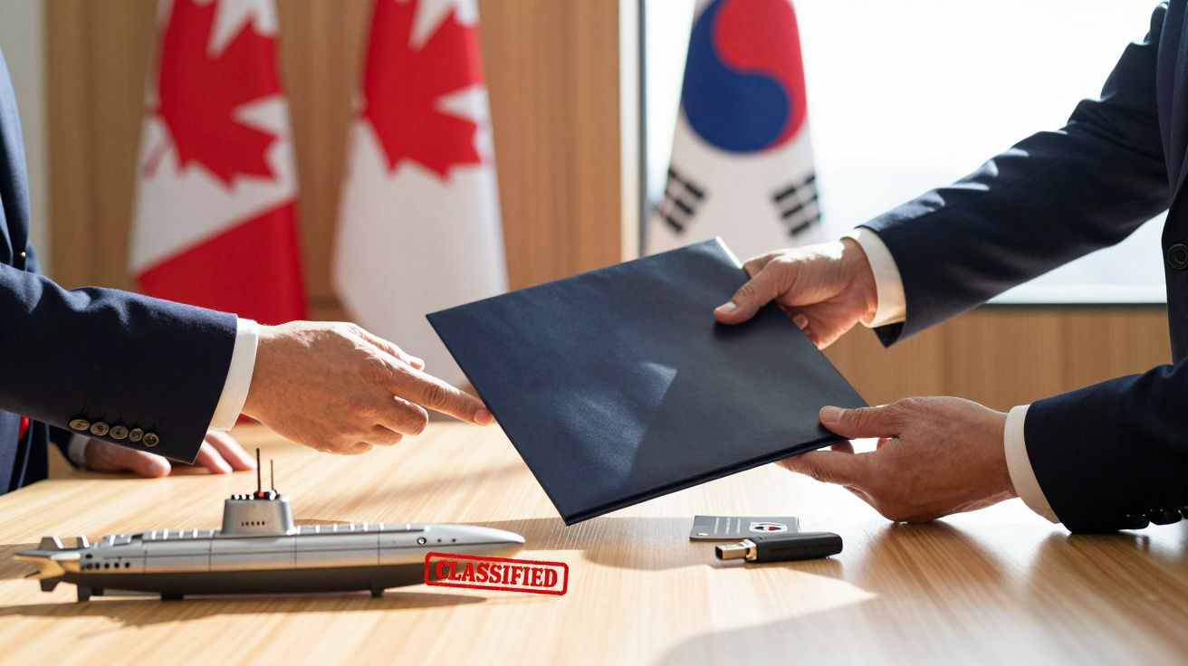 Duas pessoas trocam pasta ao lado de uma miniatura de submarino com carimbo "Classified" e bandeiras do Canadá e da Coreia do