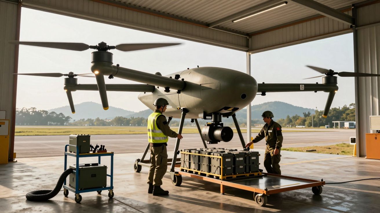 Dois técnicos carregam um drone militar grande num hangar, com montanhas ao fundo.