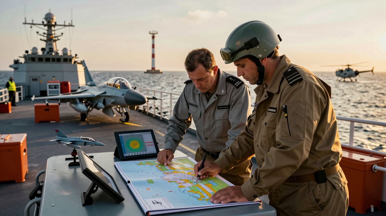 Dois militares analisam um mapa no convés de um navio, com um jato e um helicóptero ao fundo sobre o mar.