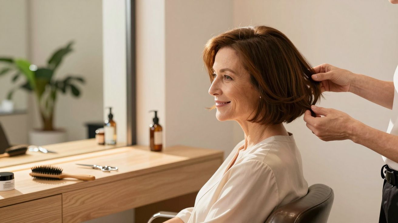 Mulher sorrindo enquanto cabeleireiro ajusta seu cabelo num salão iluminado; plantas e produtos ao fundo.
