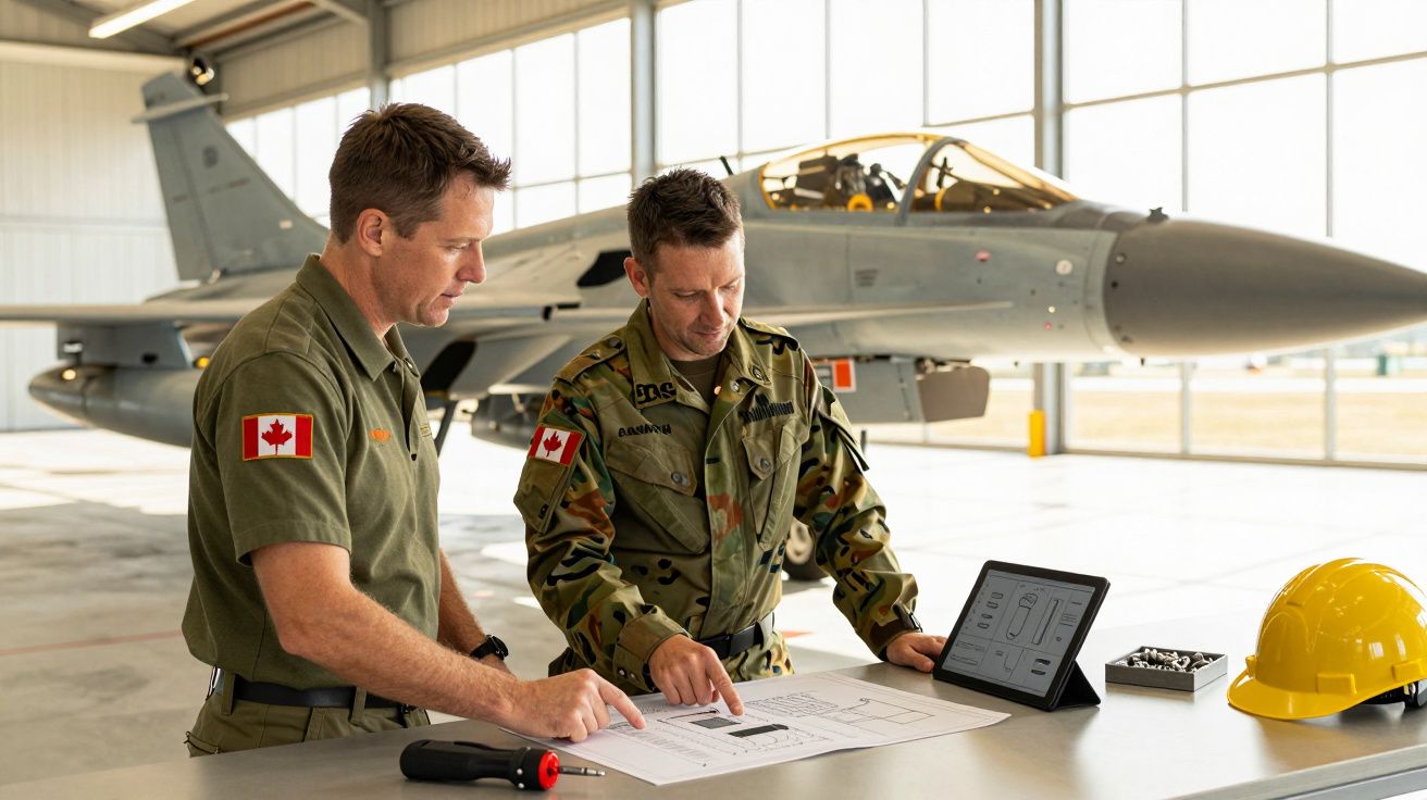 Dois militares analisam planos em hangar, com jato ao fundo, capacete amarelo e tablet na mesa.