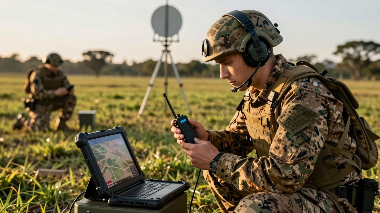 Soldados em campo aberto com equipamento militar, usando rádio de comunicação e laptop.