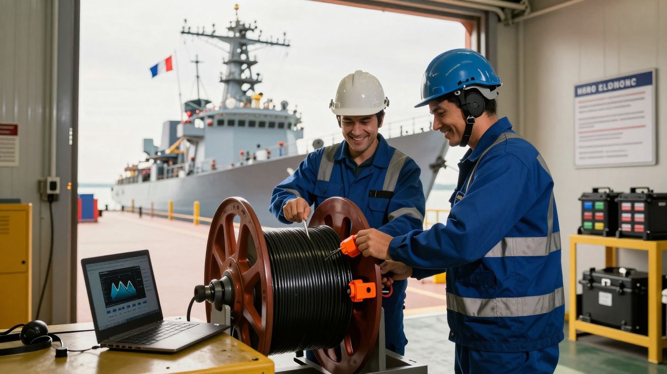 Dois técnicos em frente a um navio, manuseando equipamento com cabos. Computador portátil ao lado mostra gráfico.