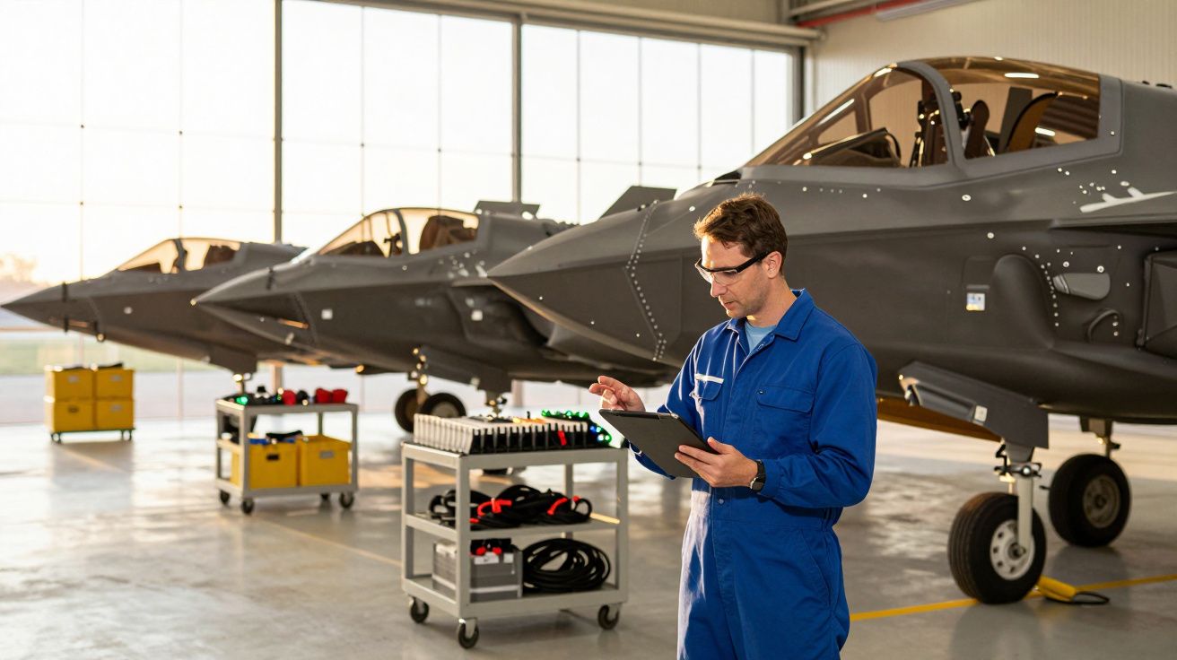 Técnico num hangar a verificar um tablet ao lado de três aviões.