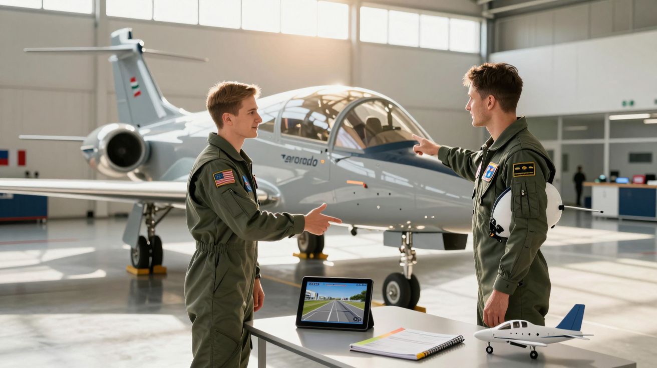 Dois pilotos de uniforme militar discutem em frente a um jato num hangar, com tablet e modelo de avião na mesa.