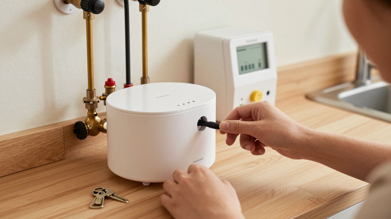 Pessoa instala dispositivo branco numa bancada de madeira, ao lado de um contador de água e chaves.