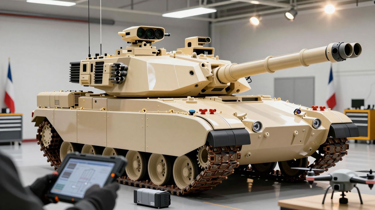 Um tanque de brinquedo realista num armazém, com um drone ao lado, pessoa segurando um tablet ao fundo.