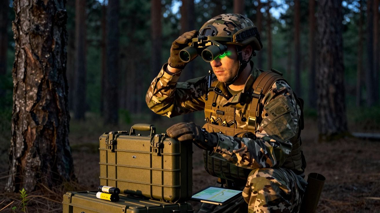 Soldado camuflado no bosque, usando binóculos noturnos e com equipamento militar ao redor.