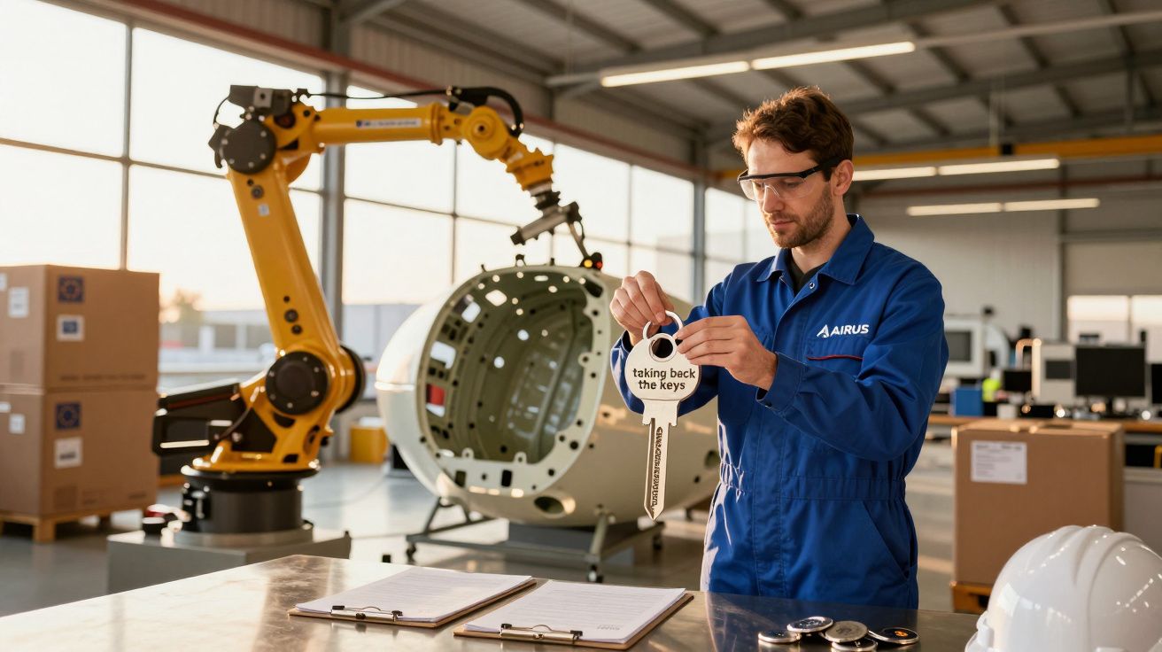 Homem com fato de macaco azul numa fábrica, segura uma peça. Ao fundo, um braço robótico e equipamento industrial.