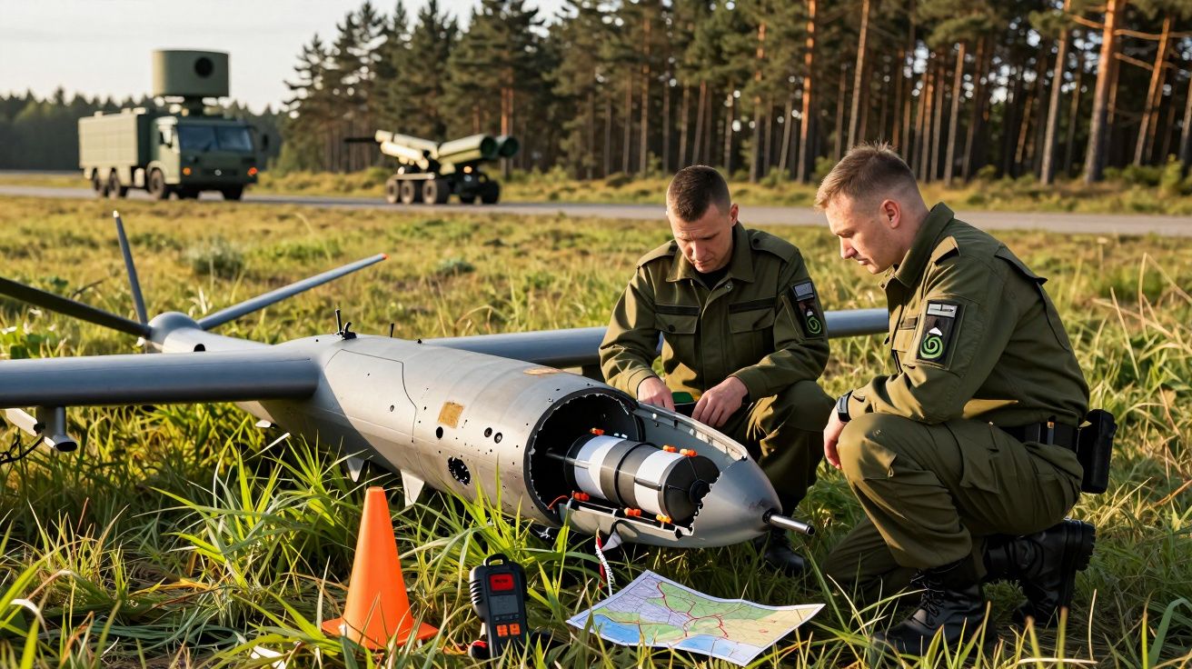 Dois militares analisam um drone no campo, com veículos militares ao fundo.
