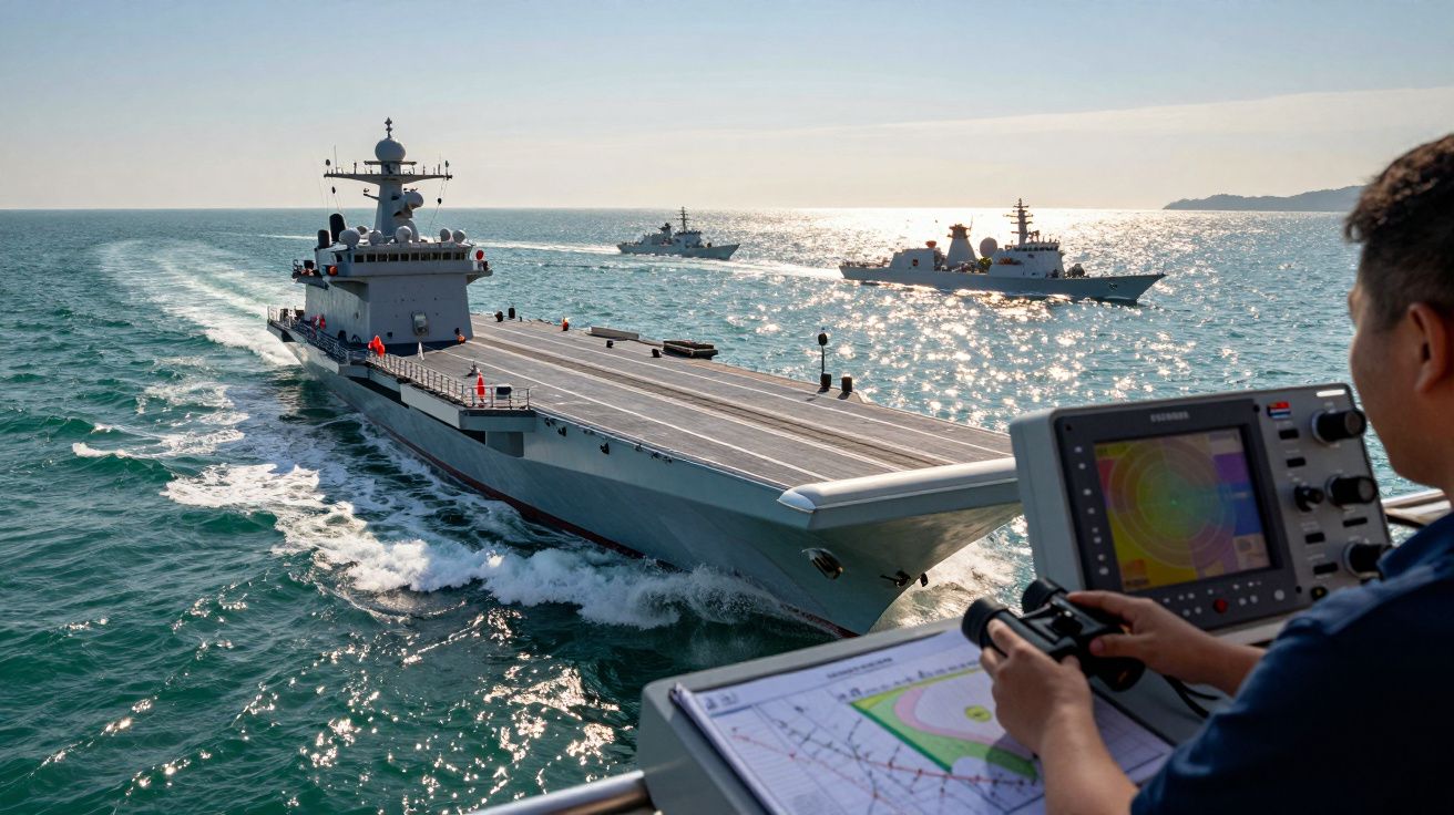 Navio militar em mar aberto com oficial a controlar radar, duas embarcações ao fundo e ilhas na linha do horizonte.