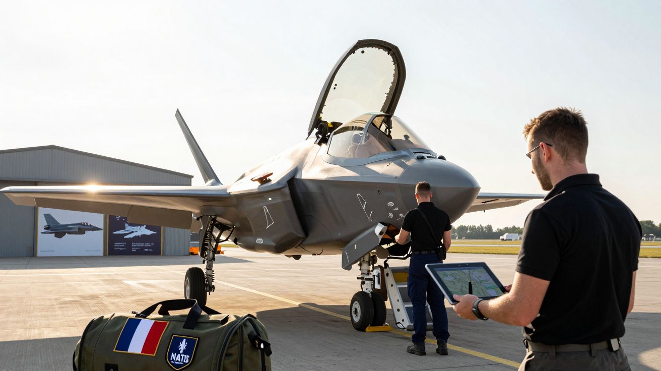 Homens inspecionam caça a jato F-35 em pista de aeroporto. Um homem segura tablet ao lado de uma mochila militar.
