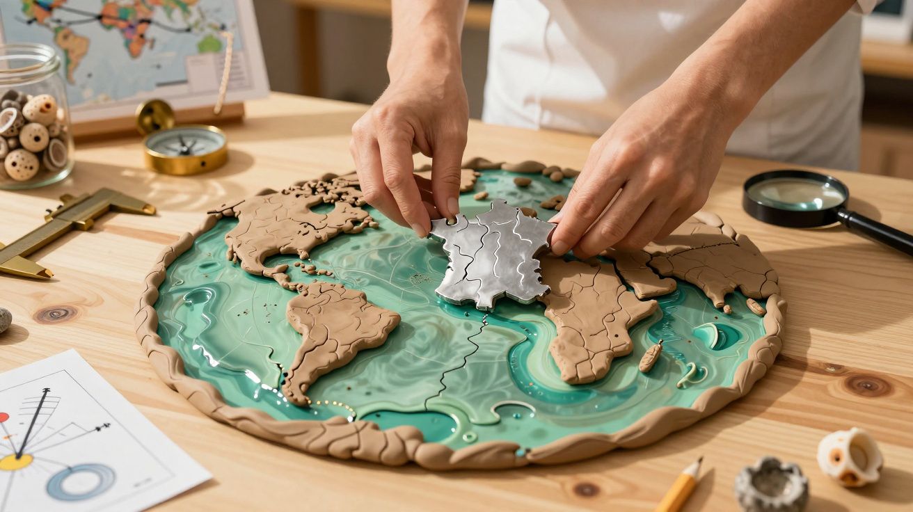 Pessoa montando mapa-múndi em puzzle 3D sobre mesa de madeira, com peças e ferramentas ao redor.