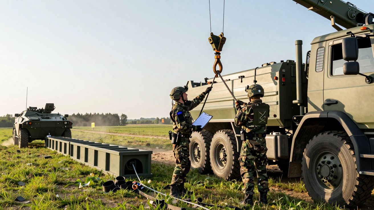 Soldados de camuflagem operam guindaste em campo aberto, erguendo material junto a um camião militar e veículo blindado.