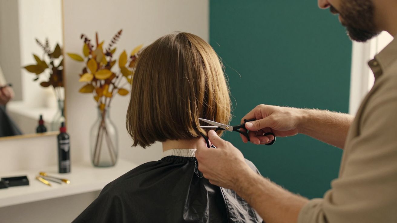 Cabeleireiro a cortar cabelo curto de uma cliente num salão, com vaso de flores ao fundo.