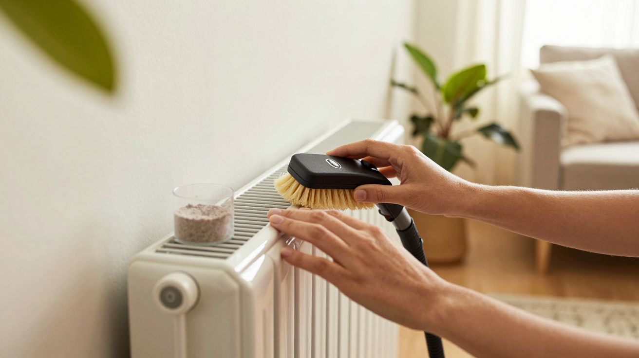 Mãos a limpar um radiador branco com escova e aspirador portátil; planta e sofá ao fundo.