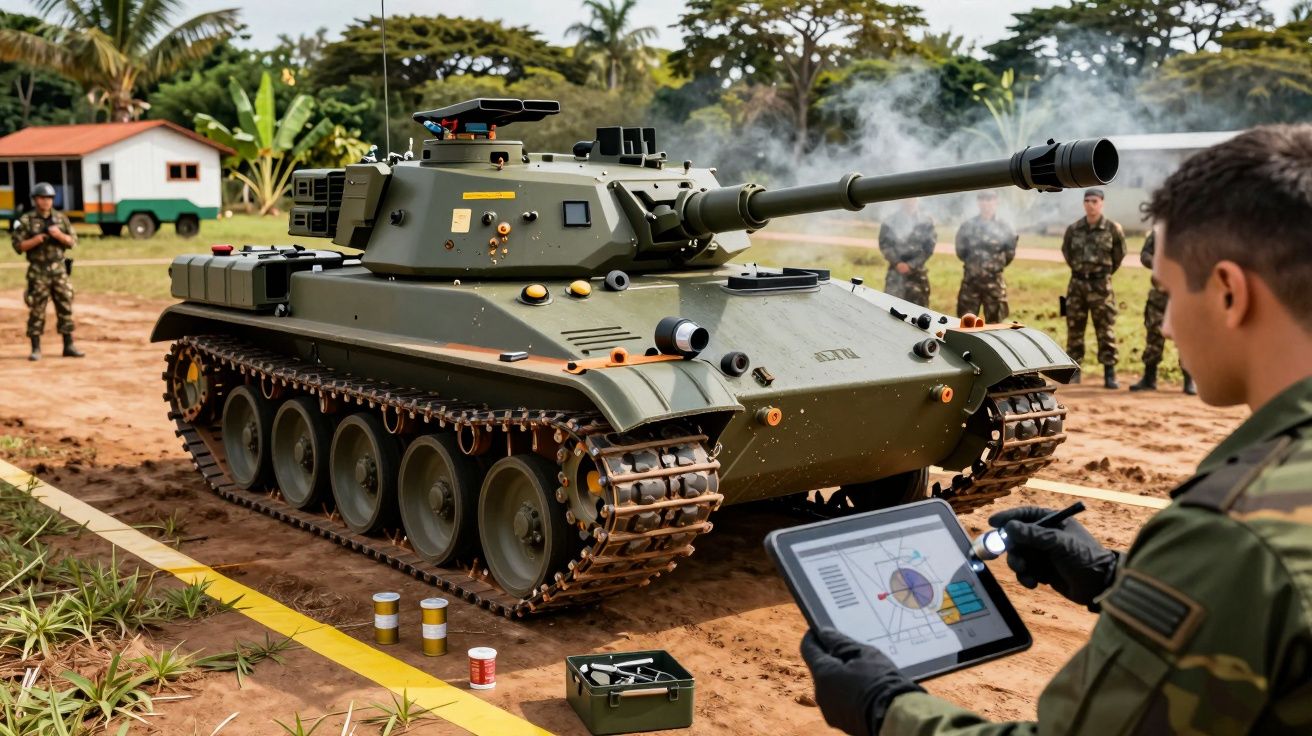 Soldado usa tablet para controlar tanque militar em área de teste, com colegas ao fundo e vegetação tropical.