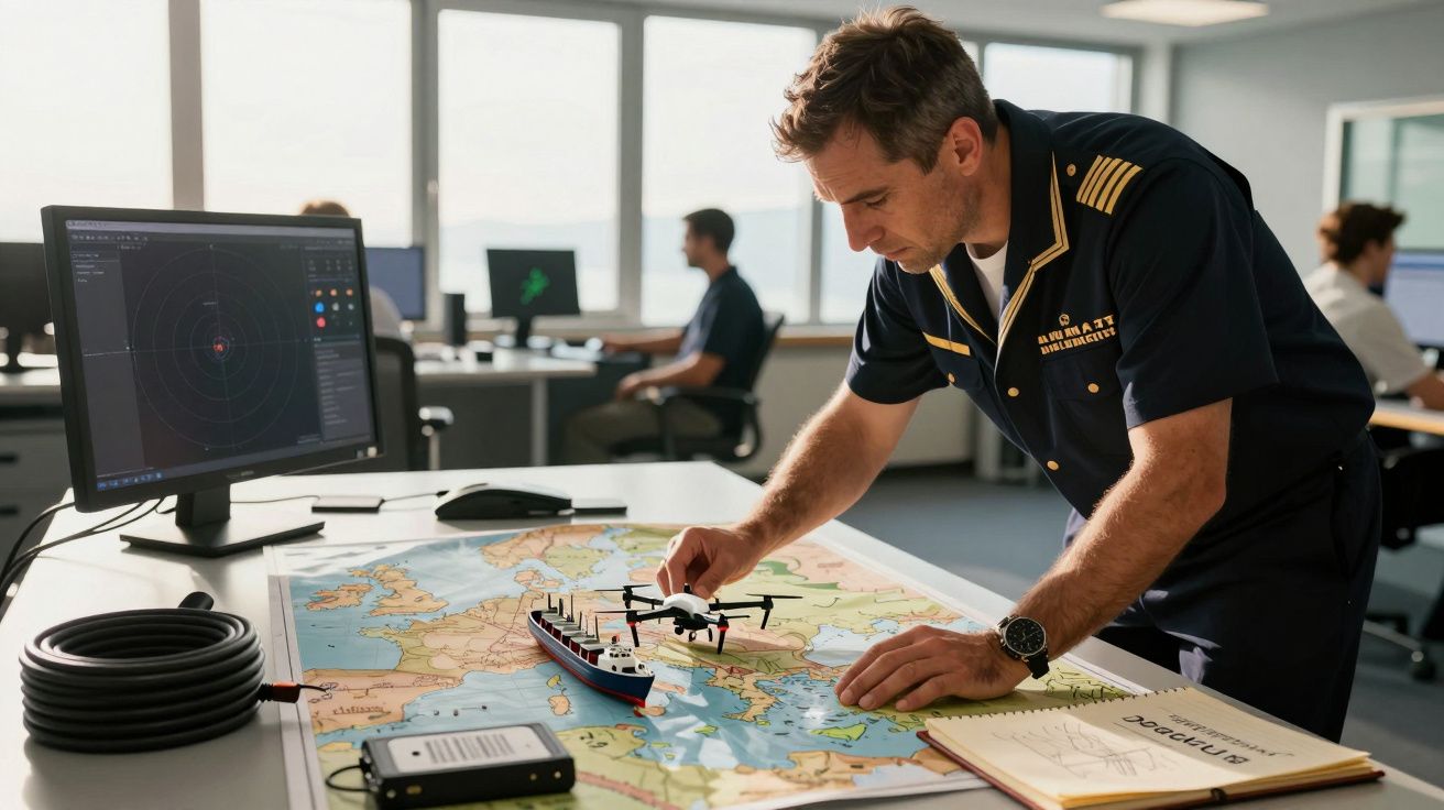 Homem uniformizado analisa mapa com modelo de avião em escritório moderno, computador ao fundo.