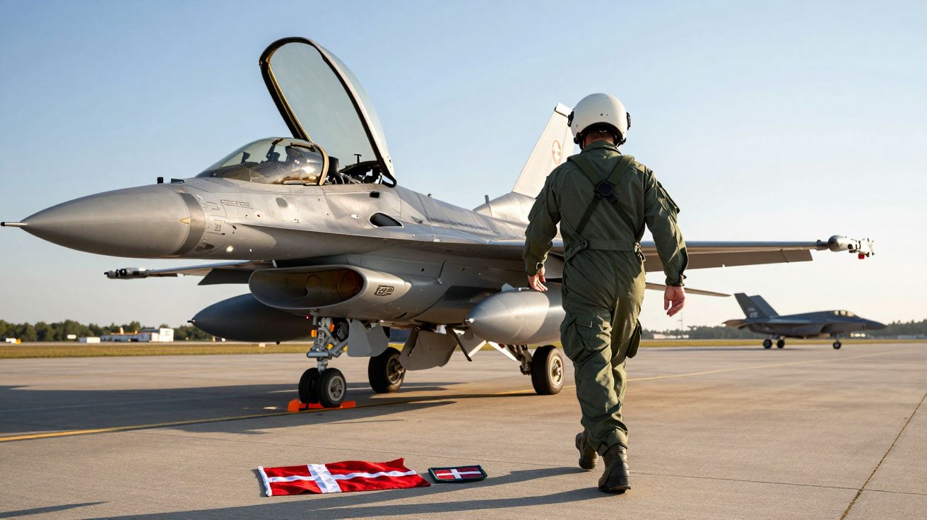 Piloto caminha em direção a um caça F-16 numa pista, com uma bandeira da Dinamarca no chão.