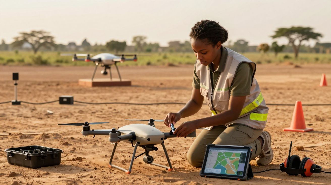 Pessoa a preparar drone no chão, com tablet e auscultadores ao lado, num ambiente ao ar livre deserto.
