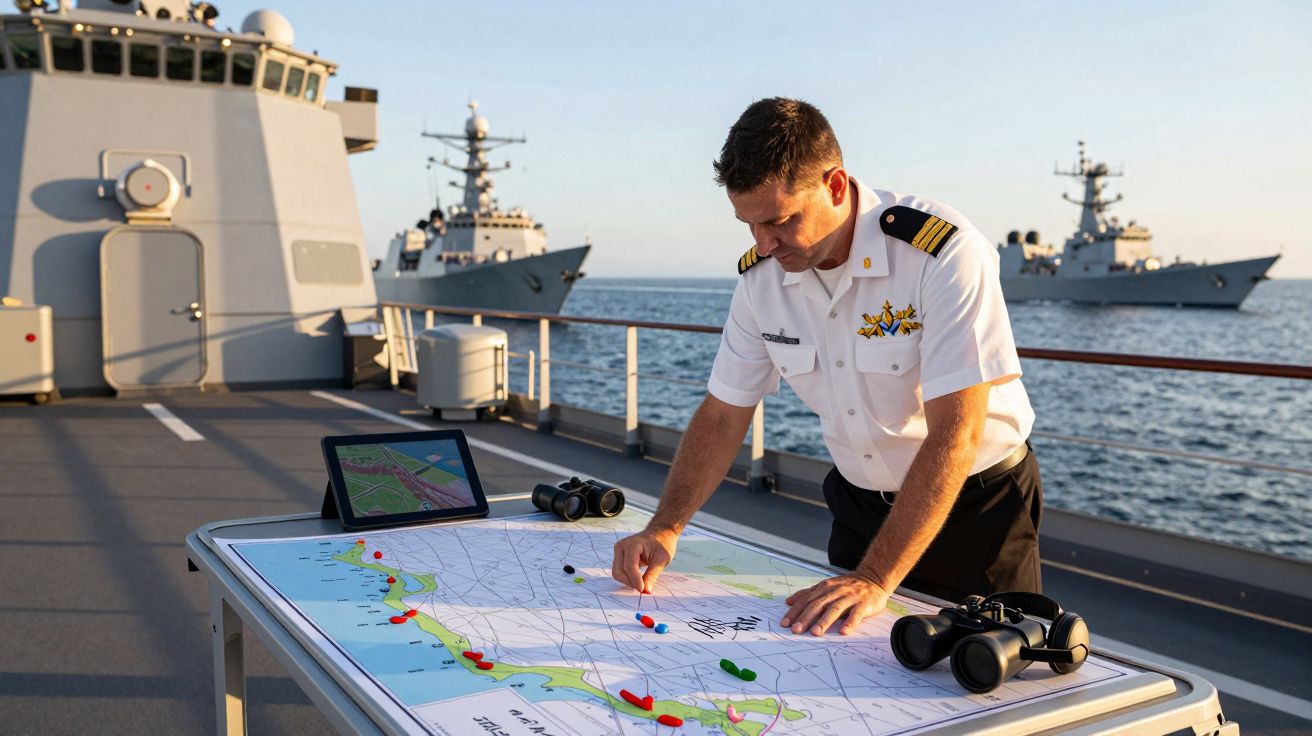 Oficial da marinha analisa mapa náutico no convés de um navio com dois navios de guerra ao fundo.