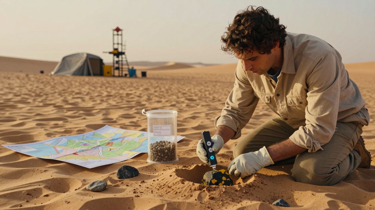 Homem de luvas analisa meteorito no deserto. Mapas e ferramentas ao lado. Tenda e dunas ao fundo.