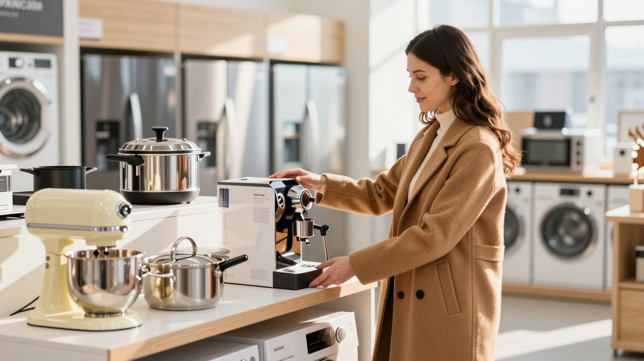 Mulher a escolher máquina de café numa loja de eletrodomésticos, com fogões e máquinas de lavar ao fundo.