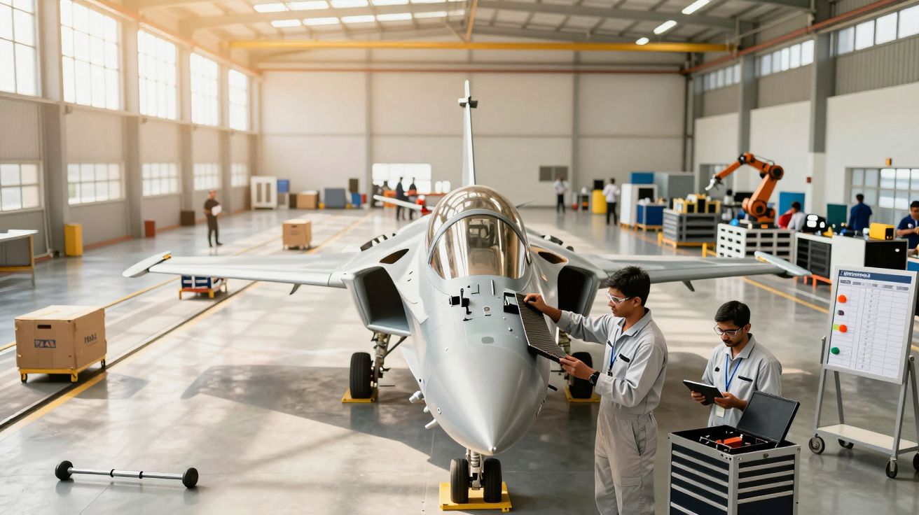 Dois técnicos trabalham num jato em hangar, cercados por equipamentos e robôs industriais.