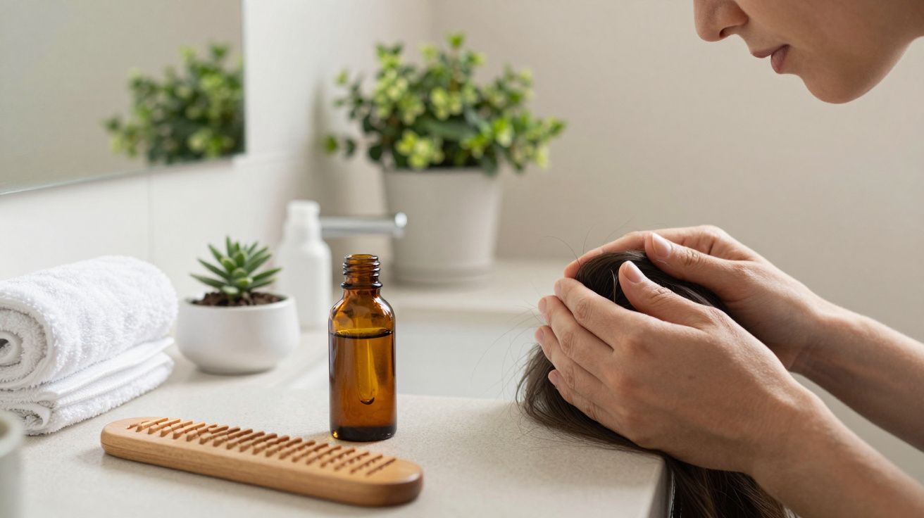 Pessoa aplicando óleo no cabelo junto a pia, com toalha e plantas ao lado.