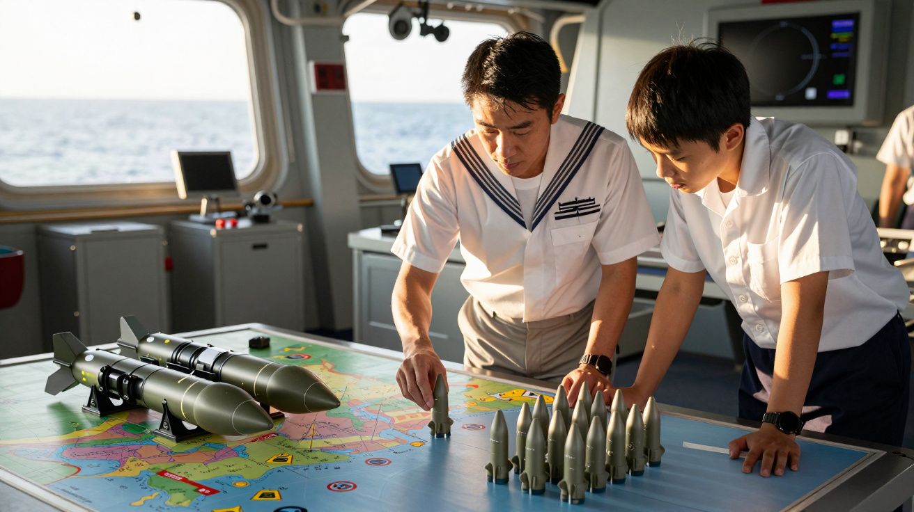 Dois homens uniformizados analisam um mapa com modelos de mísseis sobre uma mesa, num ambiente naval.