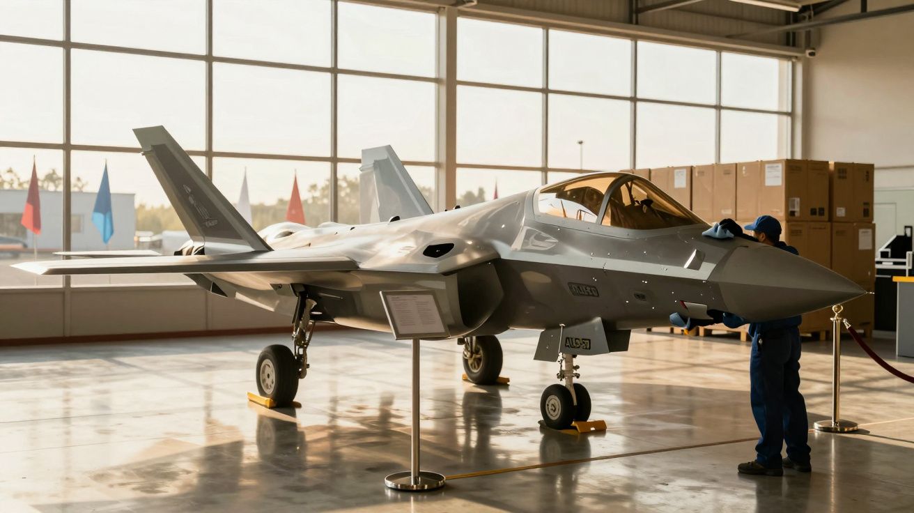 Avião a jato cinza em um hangar iluminado pelo sol, com um técnico em uniforme azul ao lado.