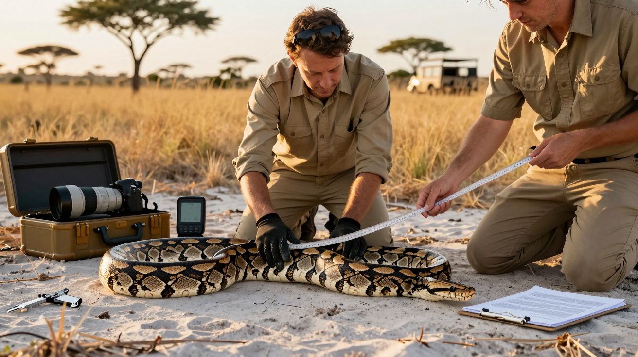 Dois homens a medir uma píton africana num savana, com equipamento científico, ao pôr do sol.