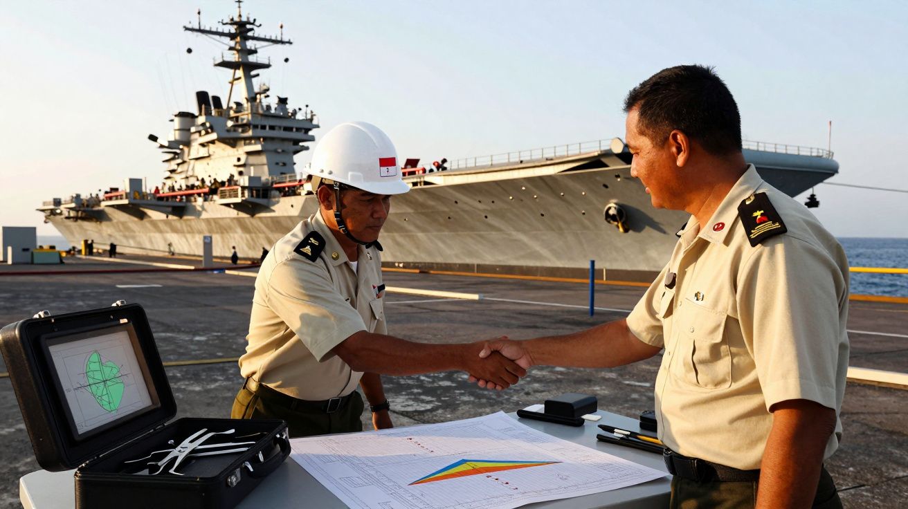 Dois oficiais navais apertam as mãos em frente a um porta-aviões, com mapas e um portátil sobre a mesa.
