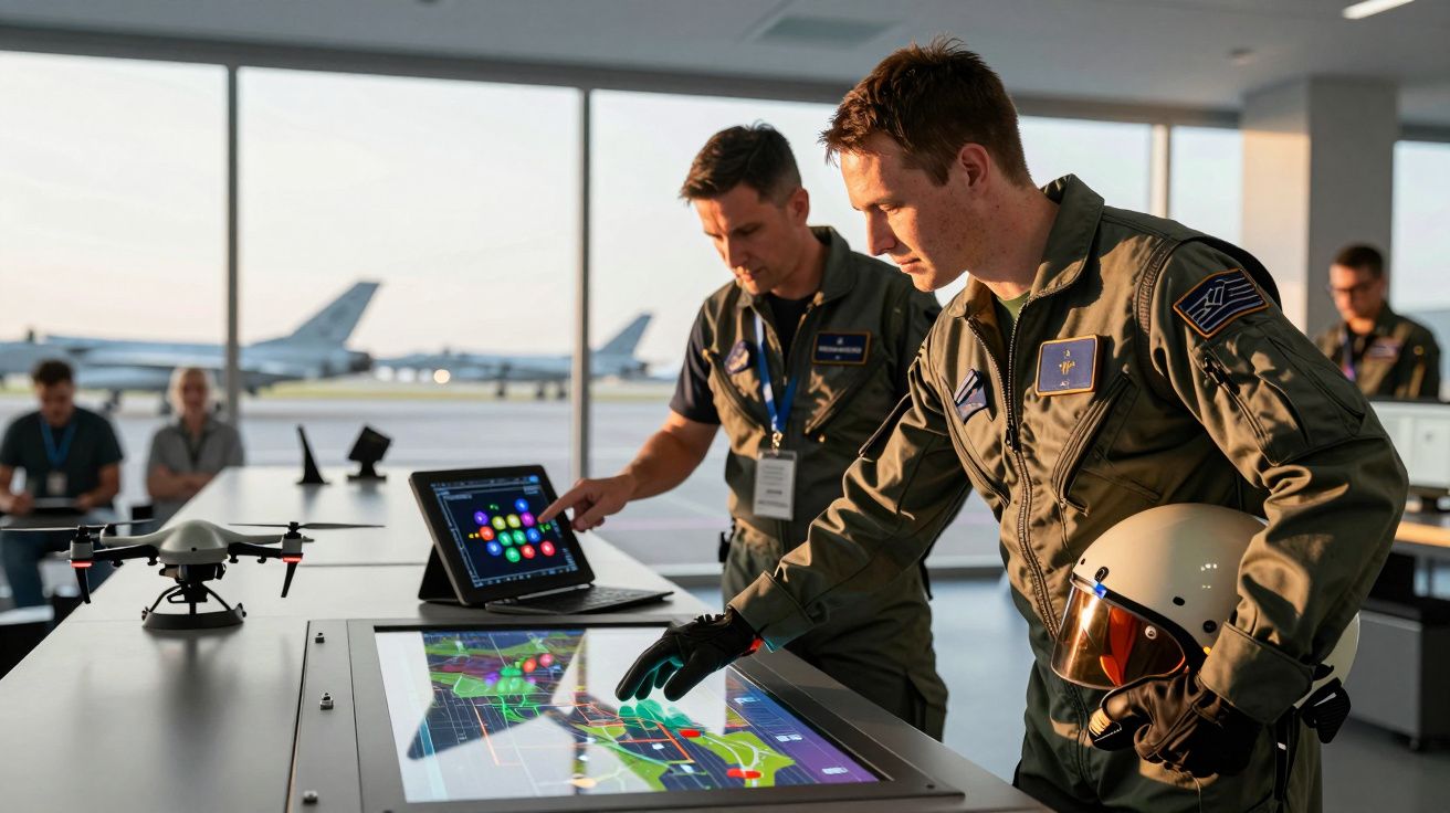Dois homens em uniformes militares interagindo com ecrãs táteis numa sala com aviões ao fundo.
