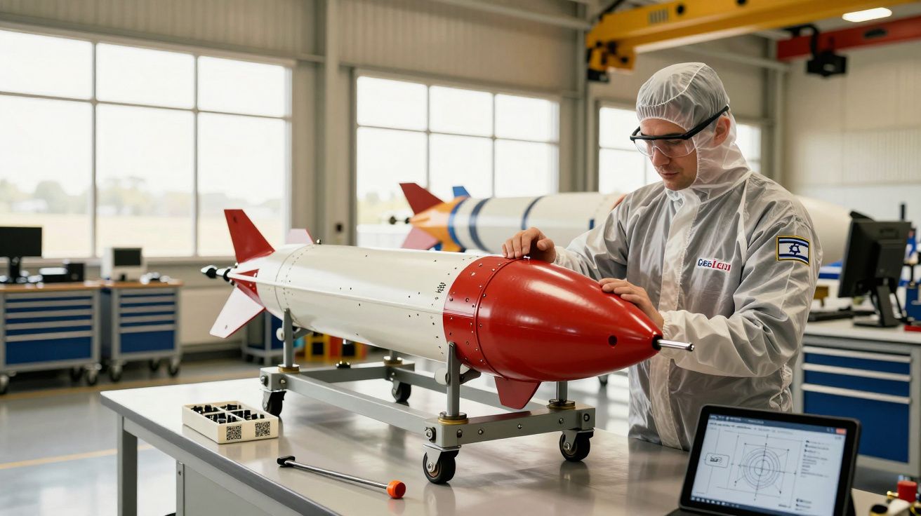 Técnico em laboratório verifica míssil em bancada, usando equipamento de proteção e rodeado por instrumentos.