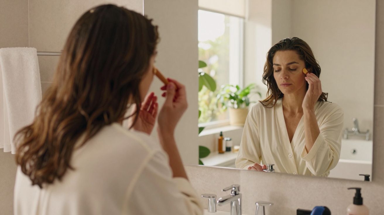 Mulher de robe aplica maquilhagem no rosto em frente ao espelho na casa de banho iluminada pela luz natural.