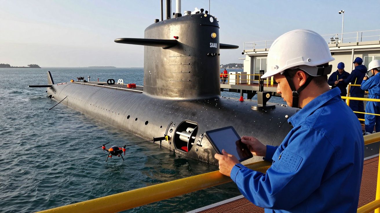 Submarino no porto com engenheiro em capacete branco usando tablet, enquanto um drone voa ao lado.