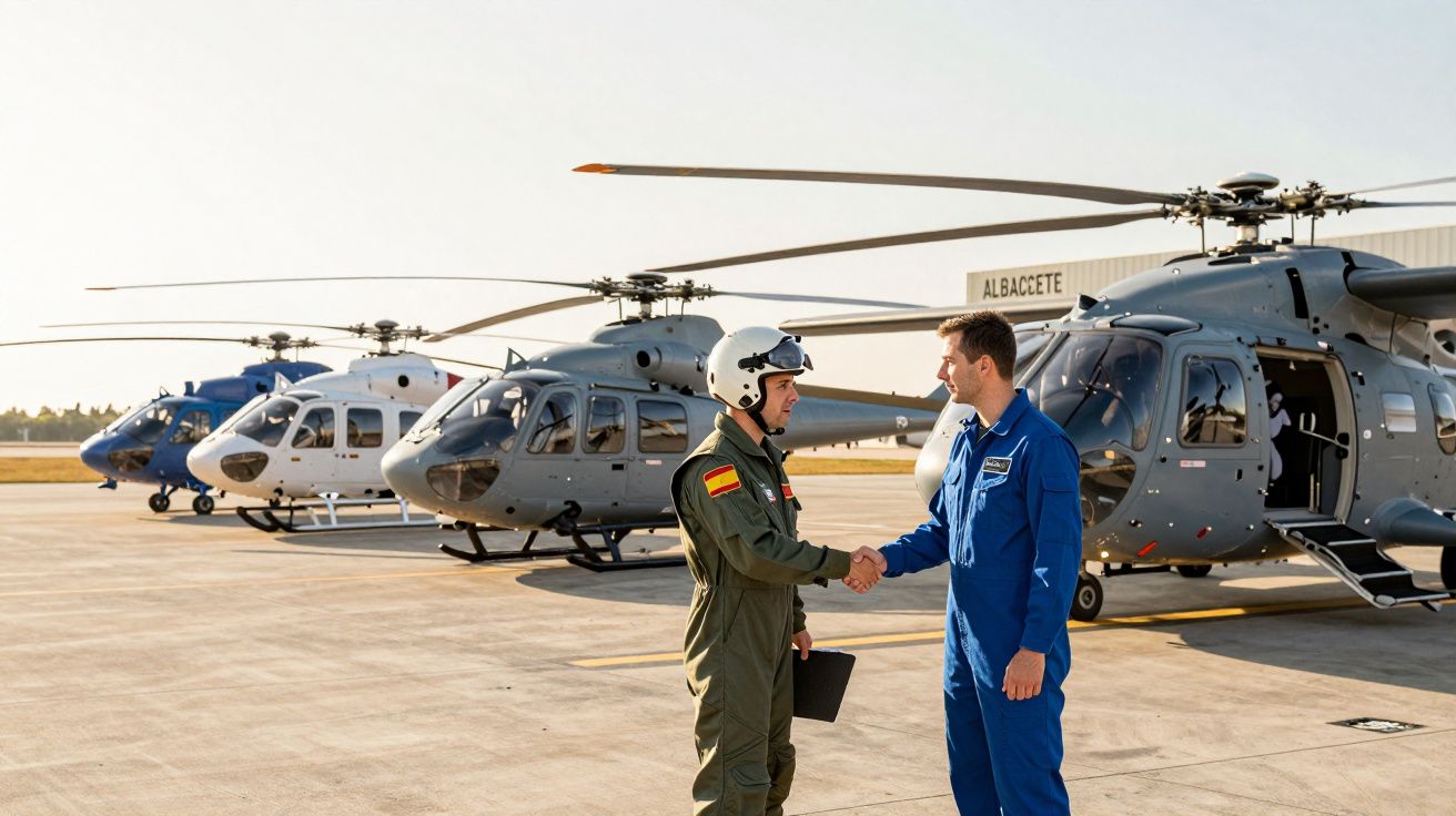 Dois pilotos cumprimentam-se em frente a helicópteros alinhados numa pista de aeroporto sob céu limpo.