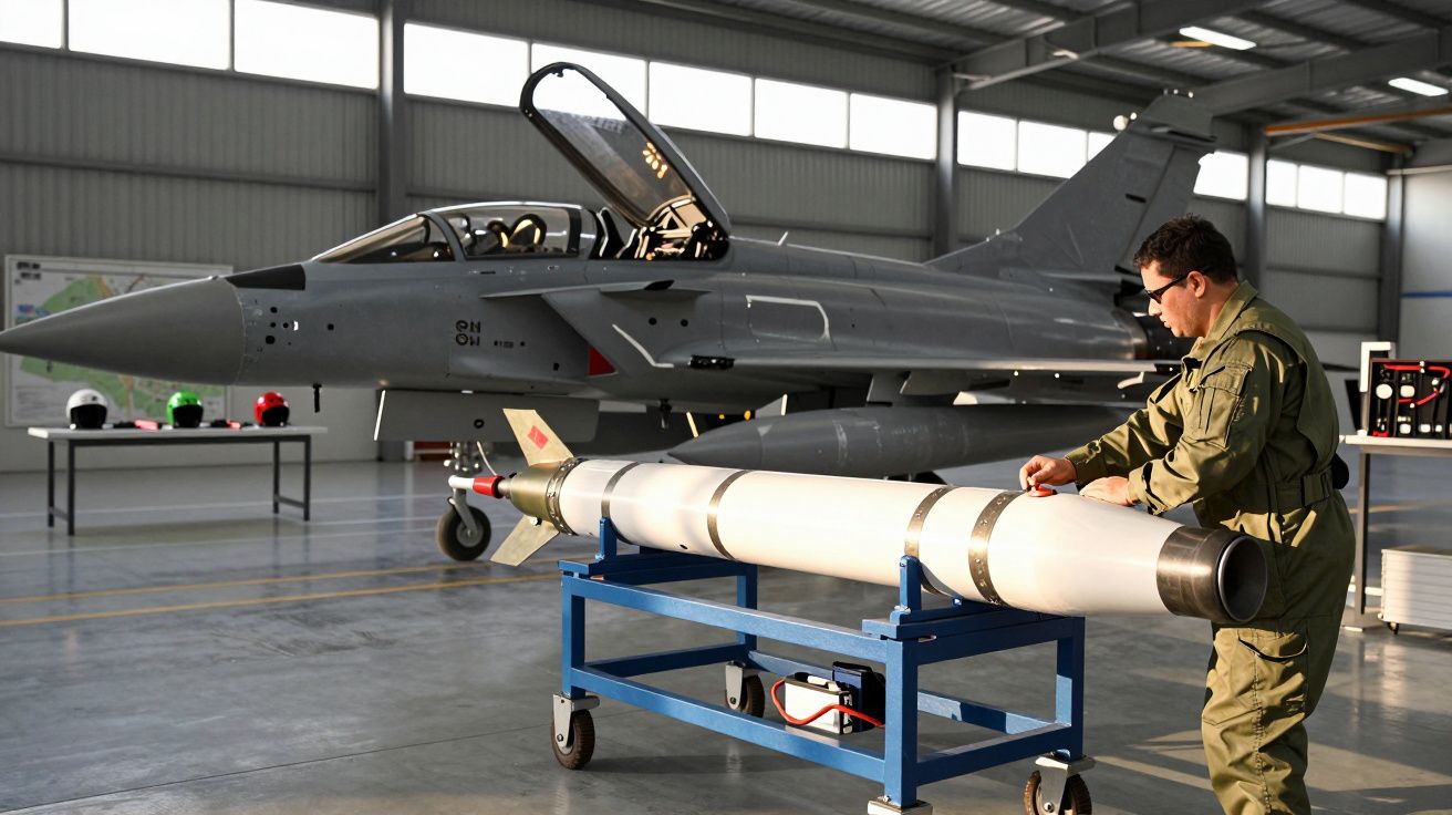 Homem em uniforme de voo trabalhando numa ogiva em frente a um caça cinza num hangar iluminado.