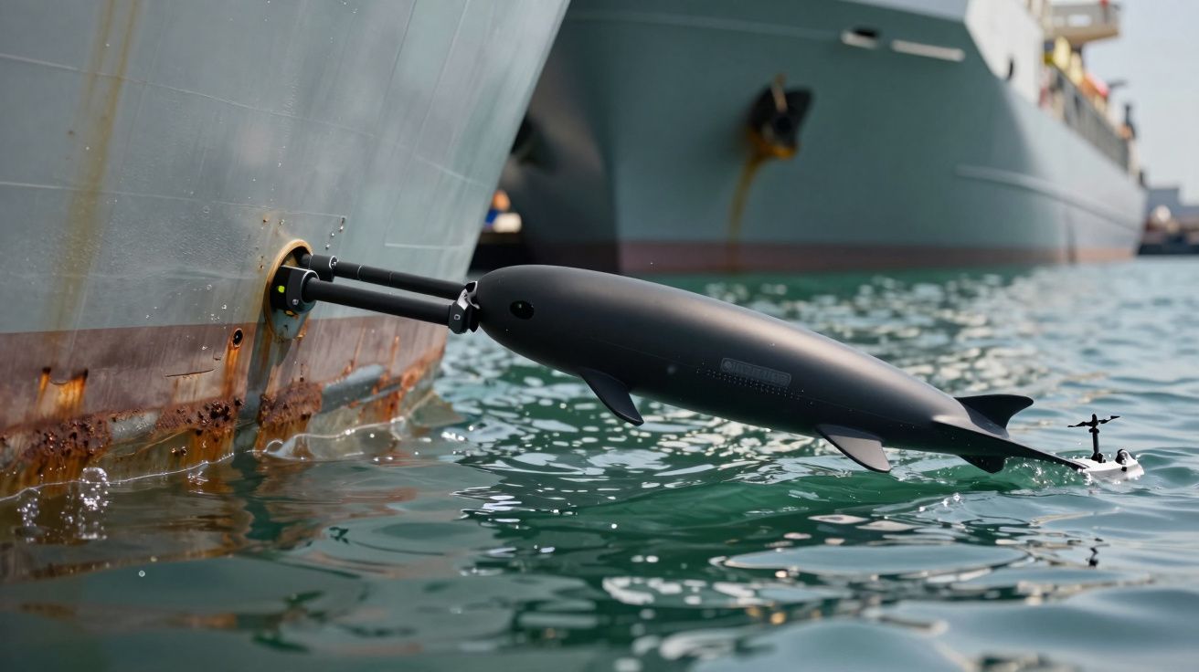 Submarino robótico em forma de golfinho inspeciona casco de navio atracado num porto.