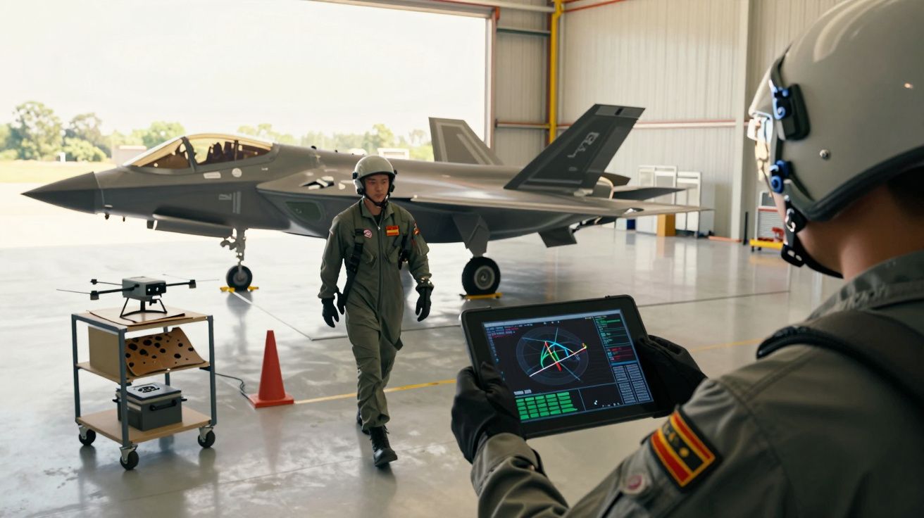 Pilotos de aviação militar em hangar com caça e tablet, monitorizando sistemas de voo.