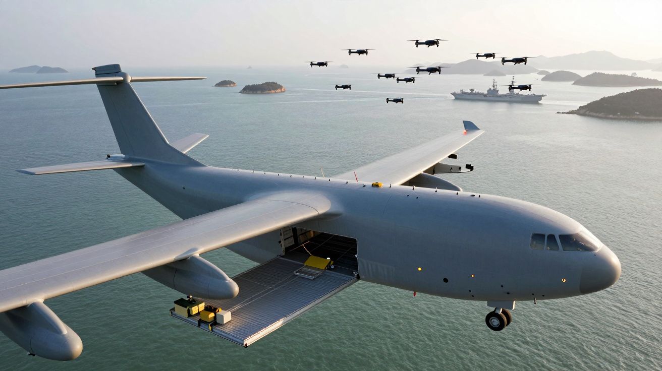 Avião militar sobrevoa o mar com drones a acompanhar e navio ao fundo, durante o dia.