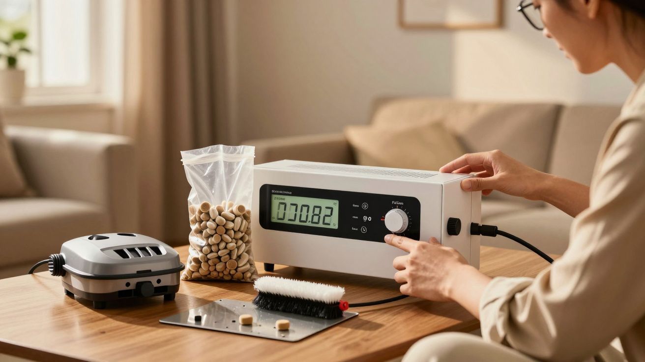 Mulher ajusta dispositivo eletrônico numa mesa com contas e acessórios ao redor em sala de estar iluminada.