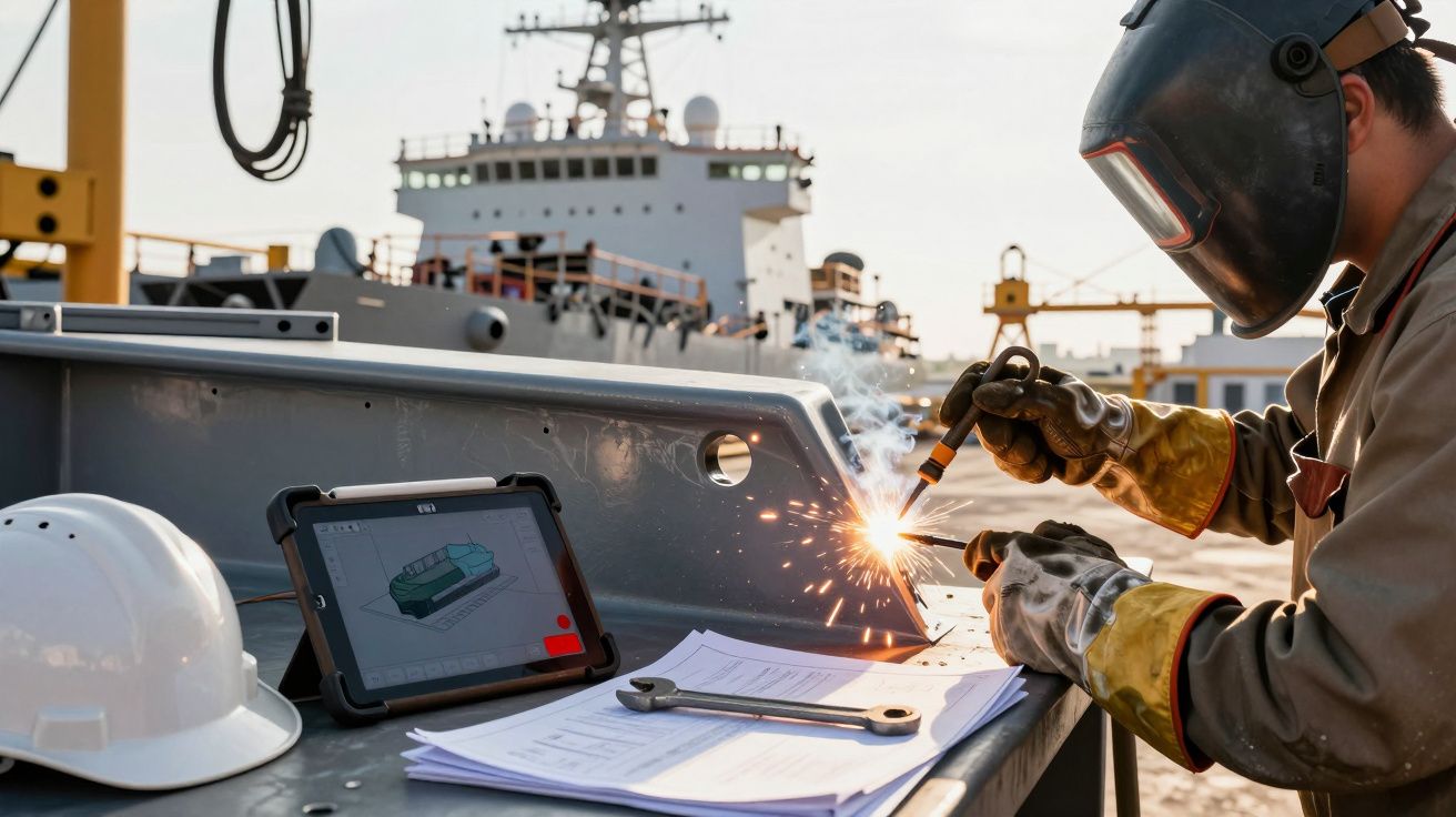 Trabalhador a soldar metal num estaleiro naval, perto de um navio, com capacete, tablet e ferramentas sobre a mesa.