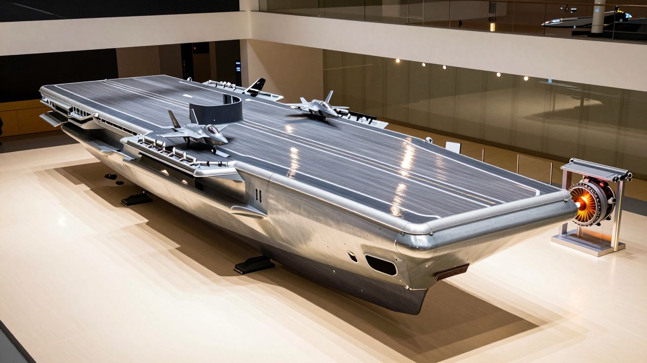 Modelo de porta-aviões em exibição em ambiente fechado, com aviões de combate no convés.