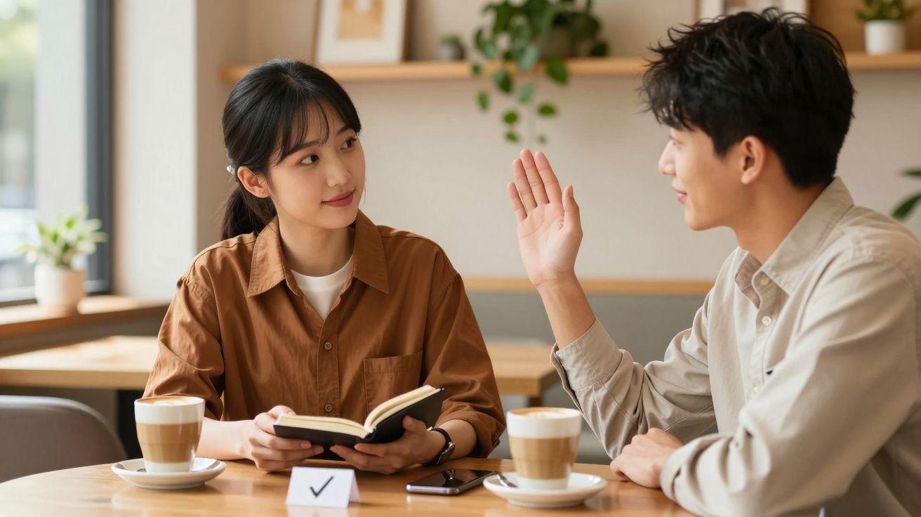 Homem e mulher conversam num café. Ela lê um livro e ele gesticula. Ambos têm cafés na mesa.