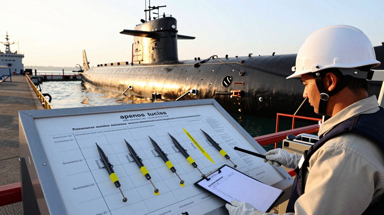 Trabalhador com capacete verifica painel diante de submarino atracado em porto, com navio ao fundo.